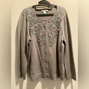 CJ Banks Gray Cardigan w/ Beaded & Pearl Appliqués & Embroidery 1X